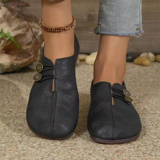 Comfortable Soft Sole Round Toe Flats Shoes for Women - Buckle Decorated, Solid Color, Casual, Breathable, Easy Slip-On Design
